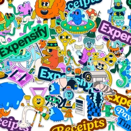 Colorful collage of cartoon character stickers and Expensify typography on a white background