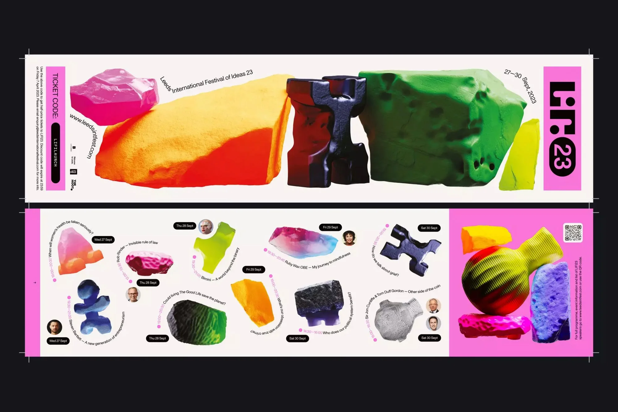 Leeds International Festival of Ideas 23 promotional image featuring colourful abstract sculptural forms and event details.