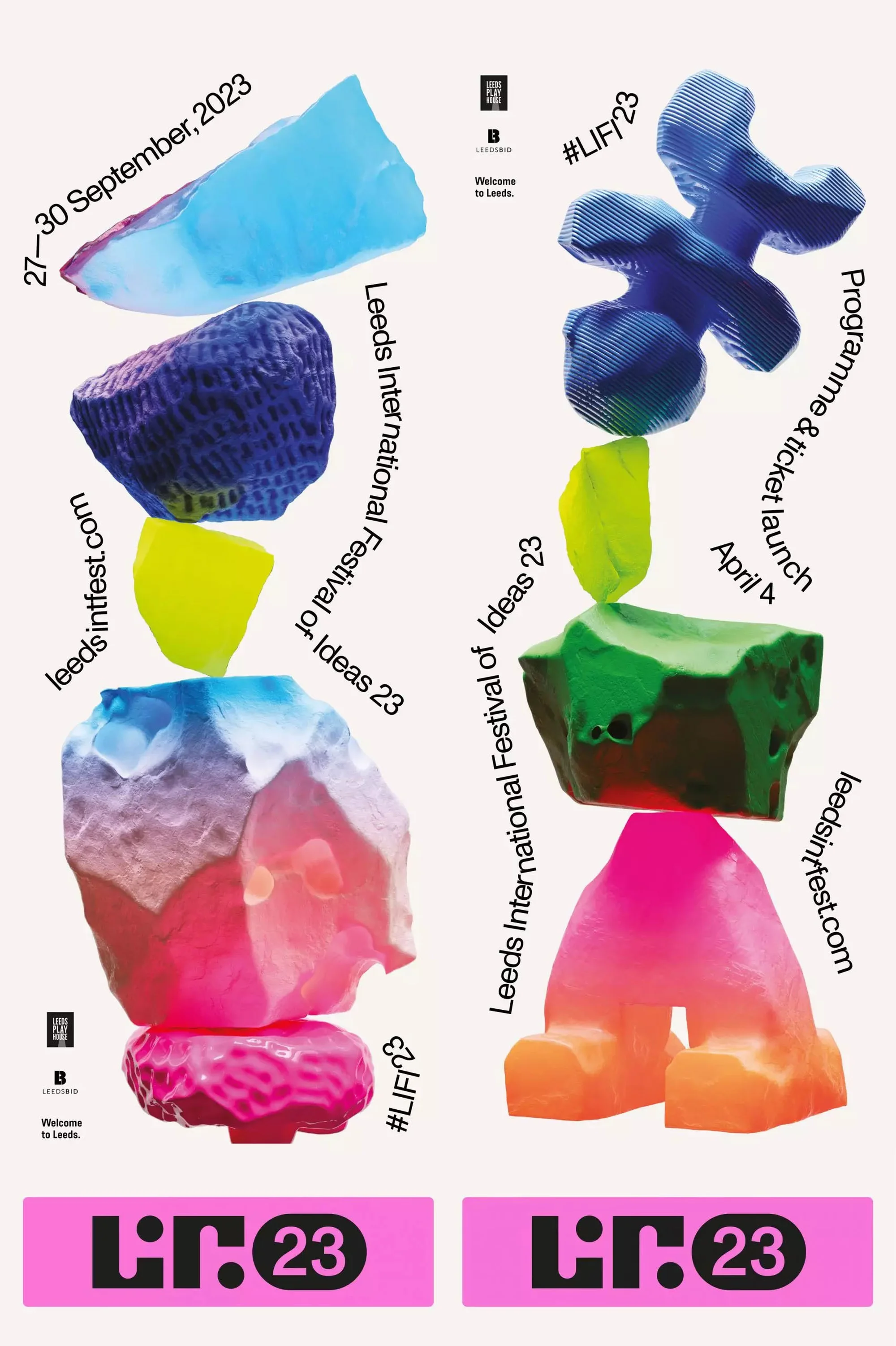 Poster advertising the Leeds International Festival of Ideas 2023 with colorful abstract shapes stacked on each other and event details.
