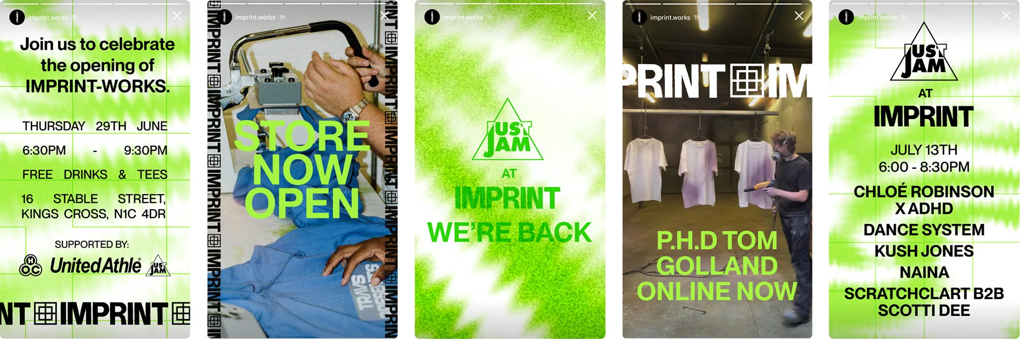 Multiple promotional images for Imprint-Works opening, Just Jam event, and P.H.D Tom Golland featuring dates, locations, and event details in green.