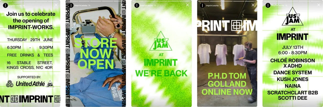 Multiple promotional images for Imprint-Works opening, Just Jam event, and P.H.D Tom Golland featuring dates, locations, and event details in green.
