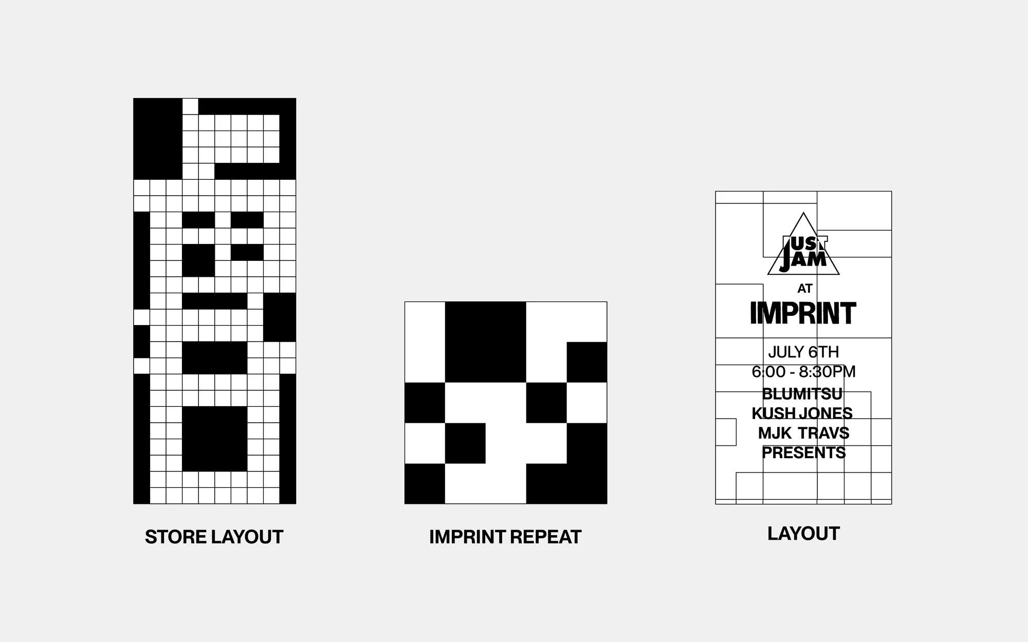 Black and white graphic designs with pixelated and text layouts for store designs, imprint repeats, and marketing layouts on a white backdrop.