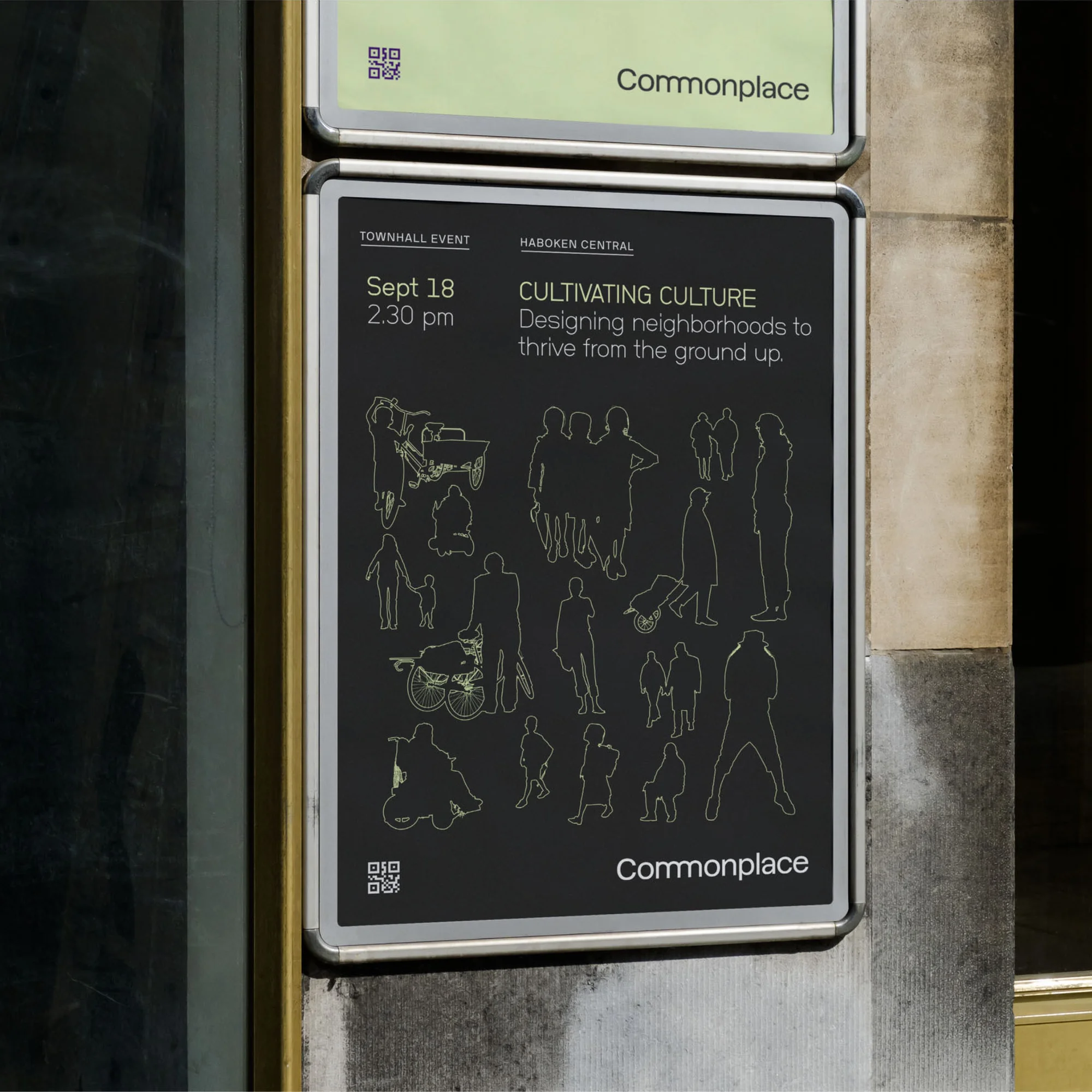 Public poster advertises a town hall event on cultivating culture and designing neighborhoods. Silhouettes of people and objects are included.