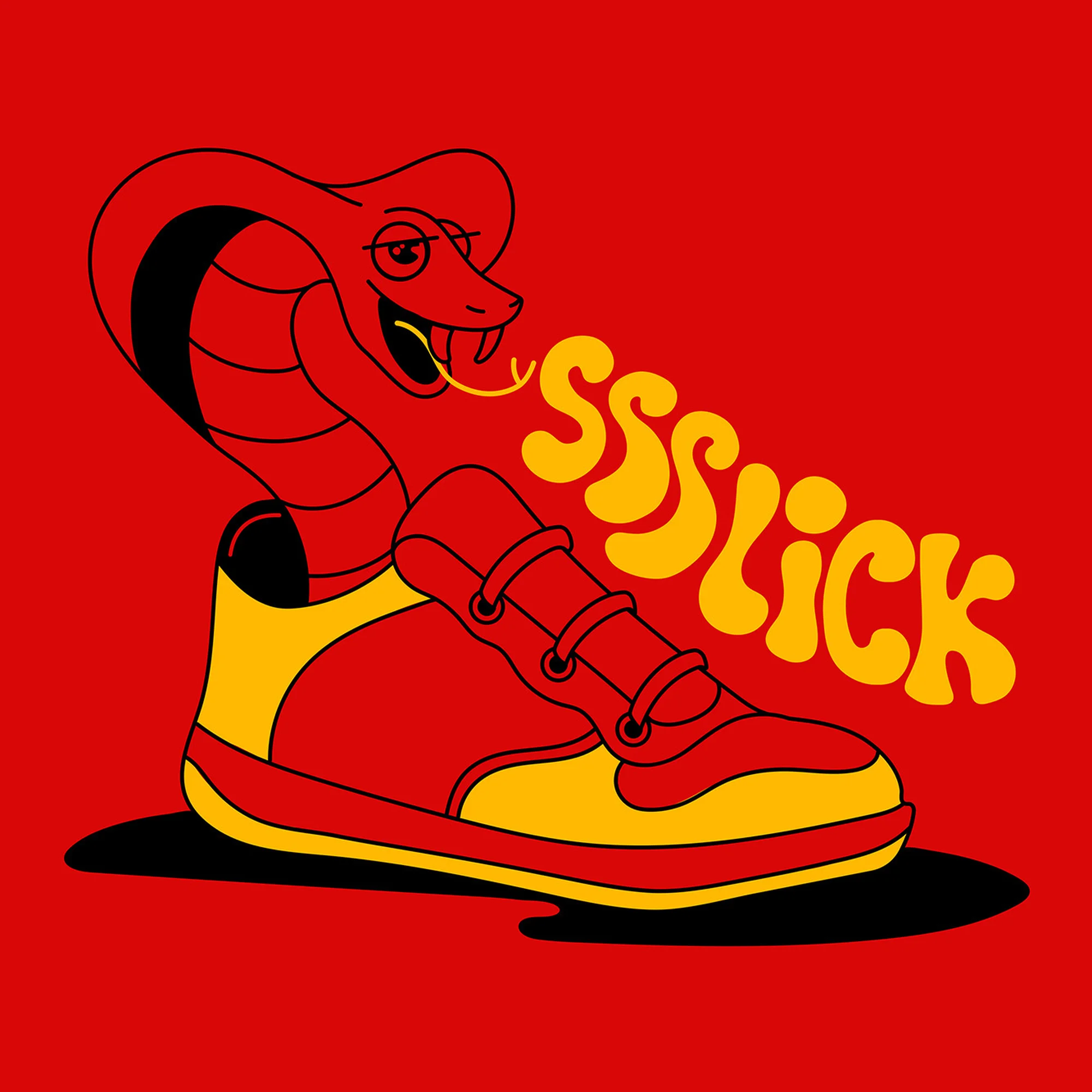 Cartoon illustration of a cobra snake emerging from a red and yellow sneaker, with 'SSSSLICK' in yellow bubble letters.