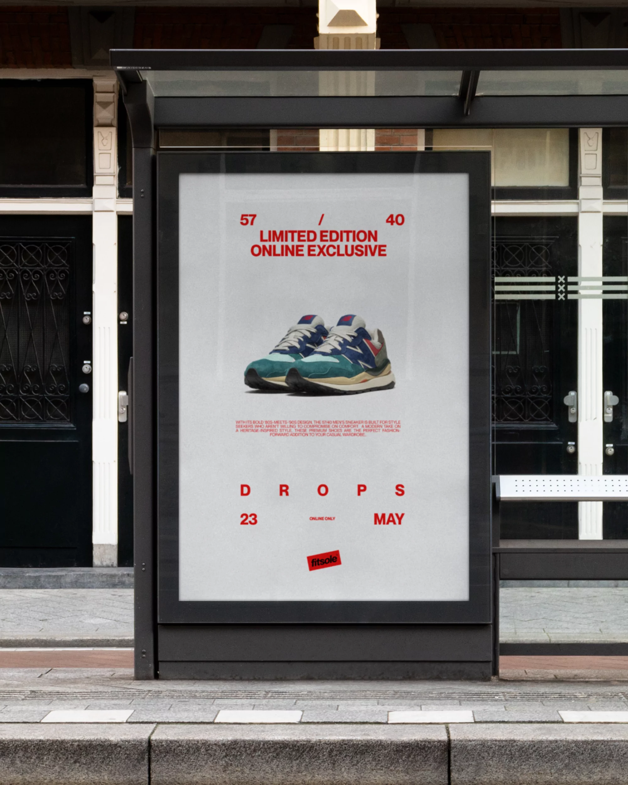 Outdoor advertising display for sneakers features two shoes with a text overlay, displayed on a sidewalk in front of a building.