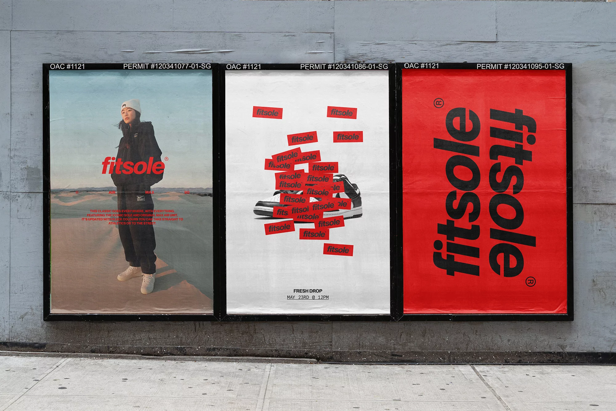 Outdoor posters display 'fitsole' sneakers and a person wearing 'fitsole' branded clothing on a city street with sidewalk.