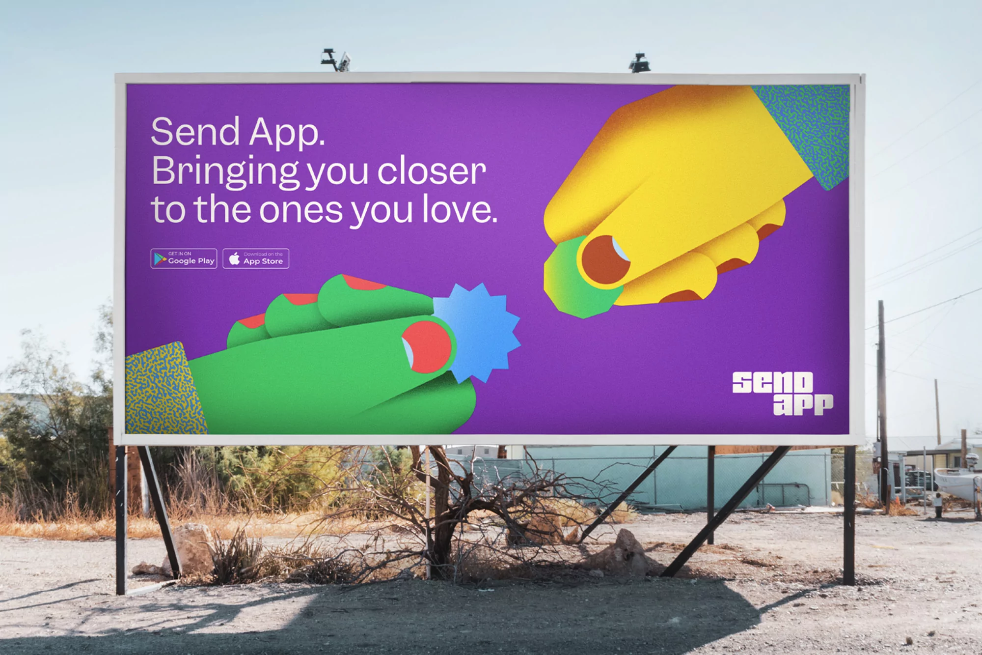 Billboard advertisement showcasing a stylized illustration of hands interacting, set against an outdoor backdrop. Features app logos and brand messaging.