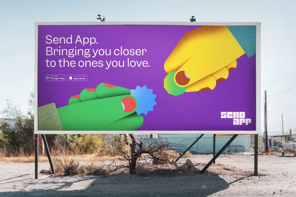 Billboard advertisement showcasing a stylized illustration of hands interacting, set against an outdoor backdrop. Features app logos and brand messaging.
