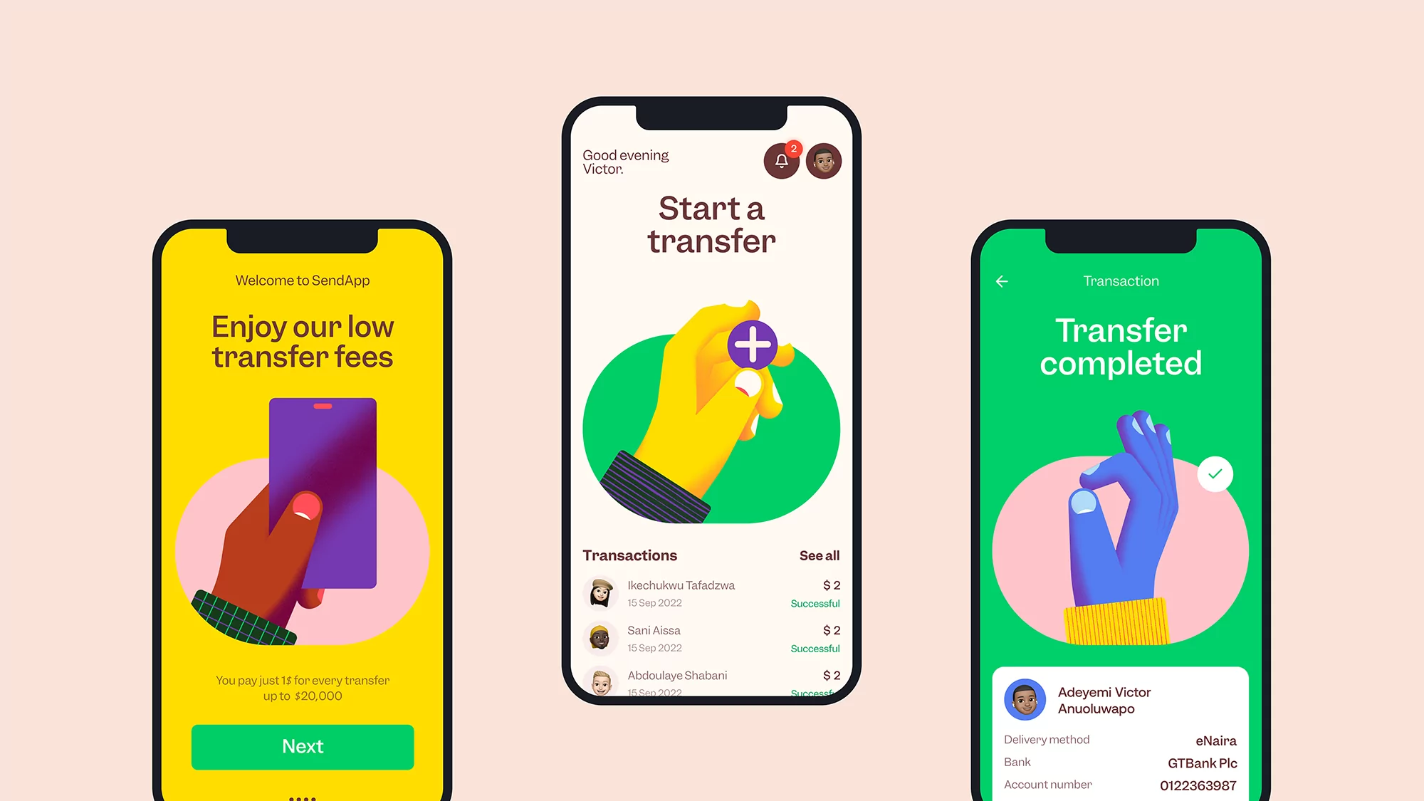 Three smartphone screens display a money-transfer application featuring hands and successful transactions, set against a peach background.