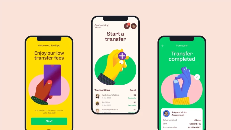 Three smartphone screens display a money-transfer application featuring hands and successful transactions, set against a peach background.