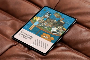 A digital tablet displaying an illustrated architectural city scene resting on a brown leather surface.