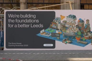 Large outdoor advertising hoarding for Manner featuring typographic text and detailed isometric architectural illustration