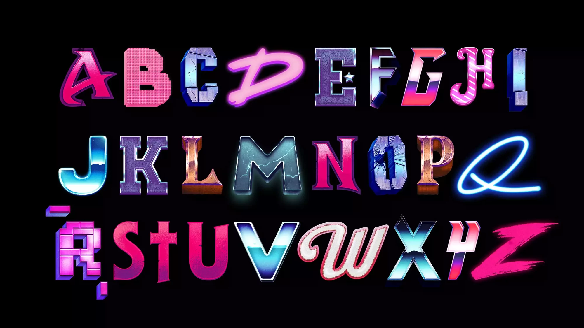 Stylized alphabet artwork features unique designs for each letter, with bright colors and varied textures on a black background.