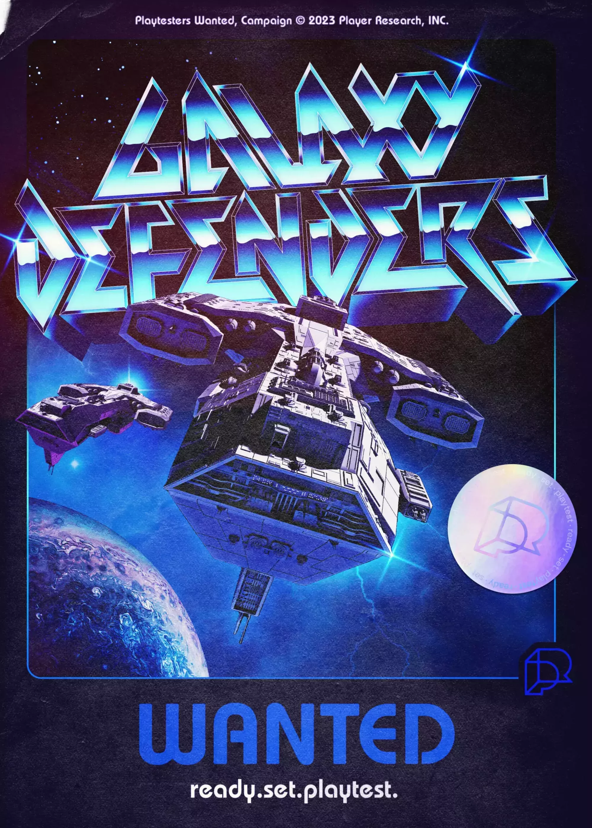 Galaxy Defenders promotional poster with spaceships, planet, and text. Game artwork displays futuristic spacecraft and celestial bodies.