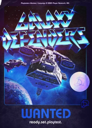 Galaxy Defenders promotional poster with spaceships, planet, and text. Game artwork displays futuristic spacecraft and celestial bodies.