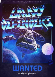 Retro sci-fi poster for Galaxy Defenders featuring a spaceship over a planet with bold chrome title text and wanted messaging.