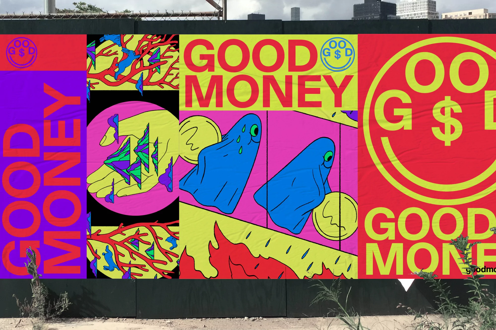 Eye-level shot of a vibrant 'Good Money' mural featuring graphic hands, ghosts, coins, and geometric elements, blending street art with modern design.