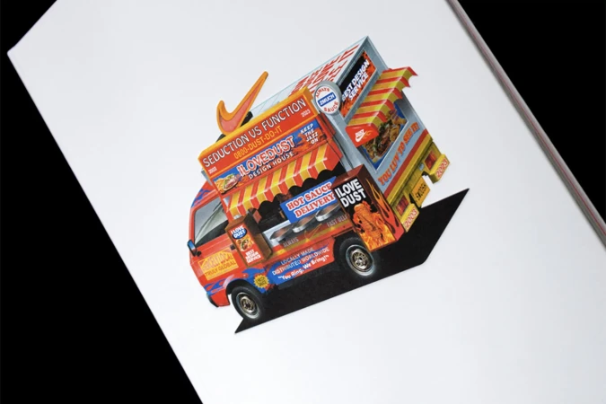 Conceptual illustration featuring a whimsically designed food truck with logos and text, blending art with commercial design elements.