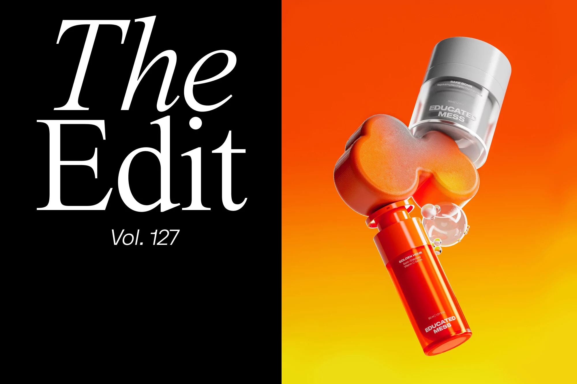 Two cosmetic product bottles in gradient orange and yellow setting with text overlay in black on a white background on the left.
