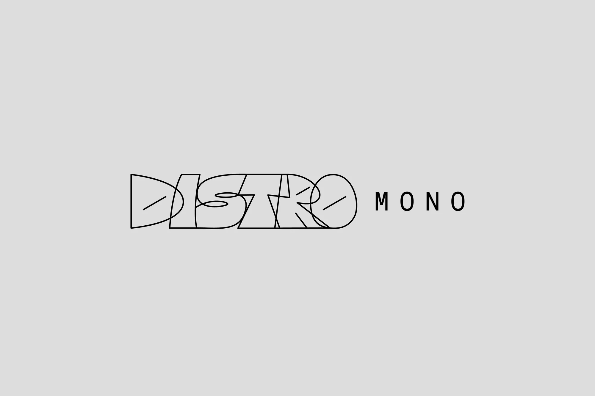 Stylized word art with DISTRO in bold, sans-serif typeface next to the word MONO, set against a pale gray background.