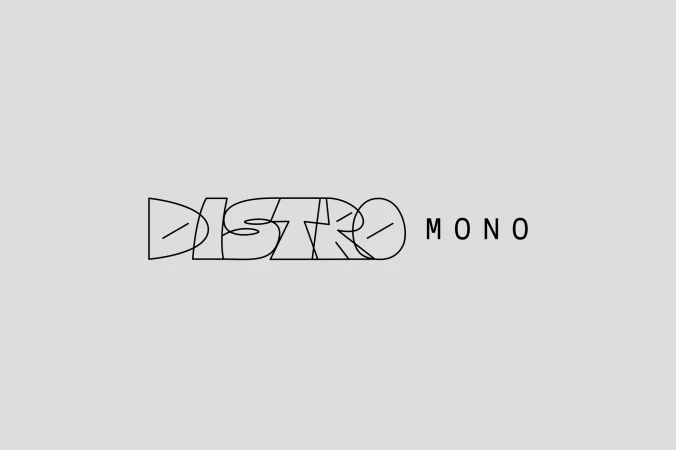 Stylized word art with DISTRO in bold, sans-serif typeface next to the word MONO, set against a pale gray background.