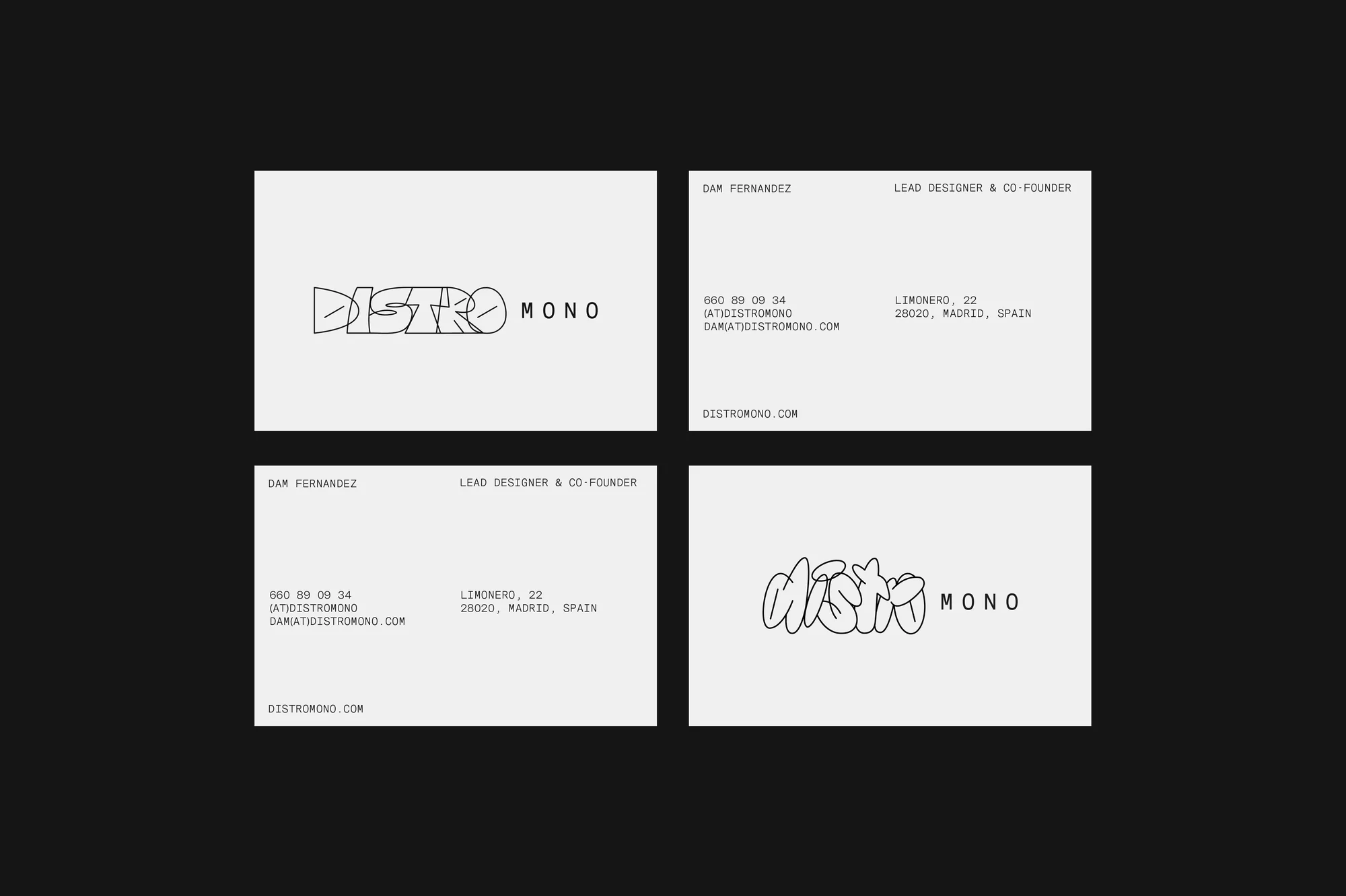 Business cards displaying 'Distro Mono' logo and contact information for Dan Fernandez, Lead Designer & Co-Founder in Madrid, Spain.