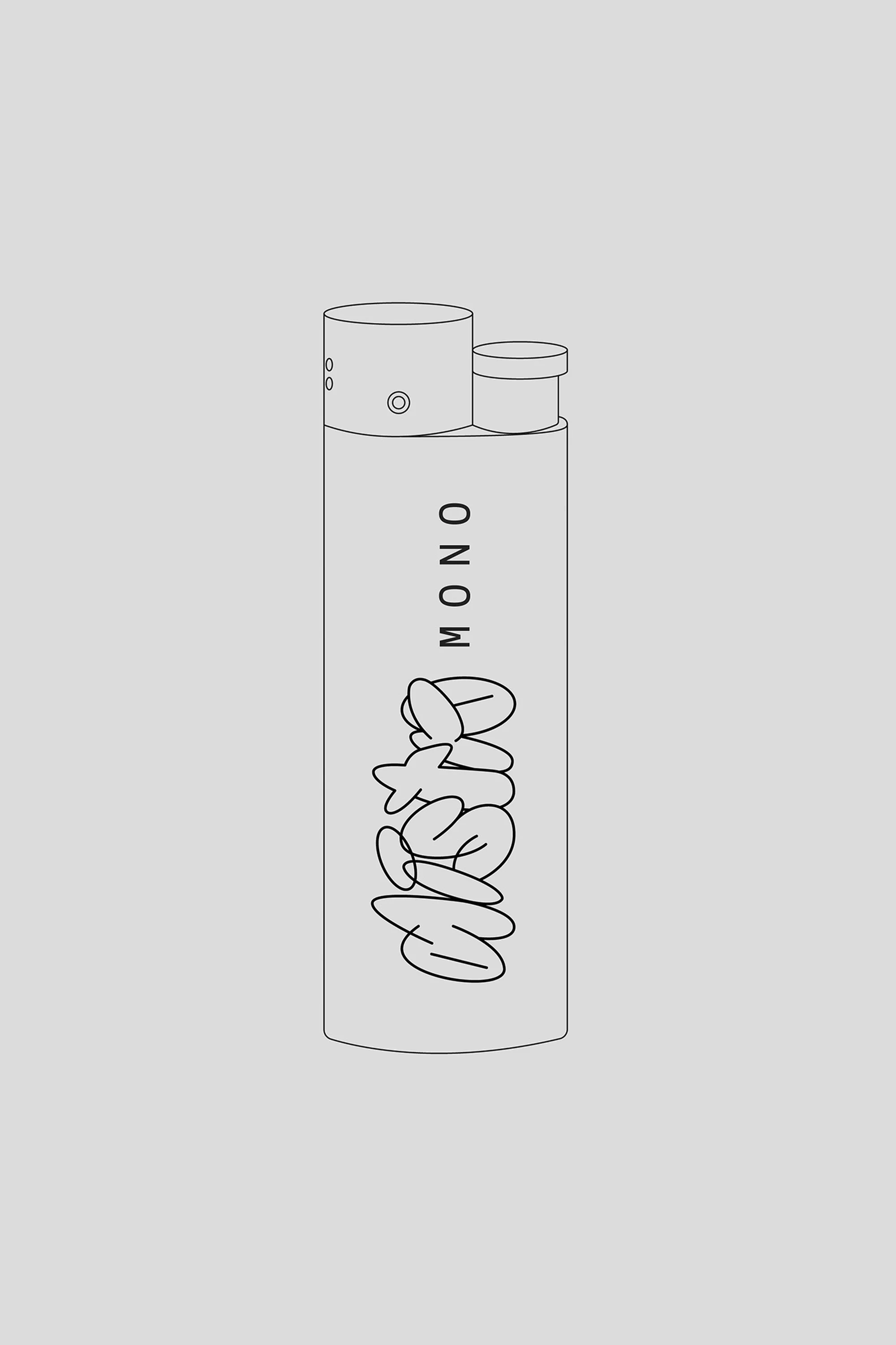 Illustration of a lighter with custom text design on a gray background, showcasing minimalist line art and modern design elements.
