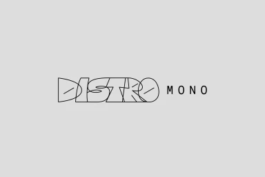 DistroMono brand identity featuring black outline typography on a light grey background