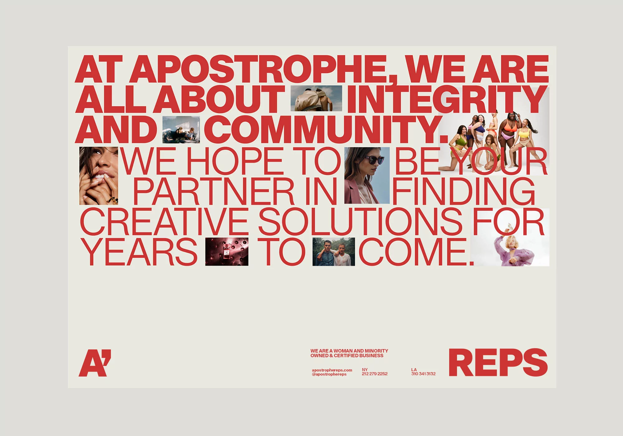 Company advertisement featuring brand name, text, and assorted photographs of people. Red text overlay on a cream background.