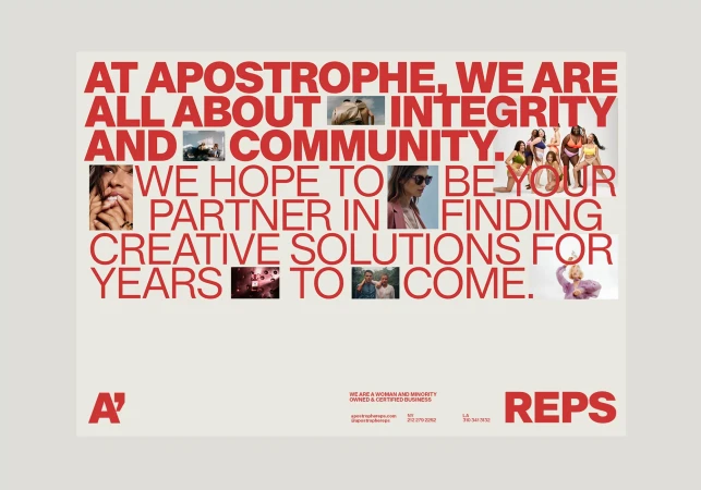 Company advertisement featuring brand name, text, and assorted photographs of people. Red text overlay on a cream background.