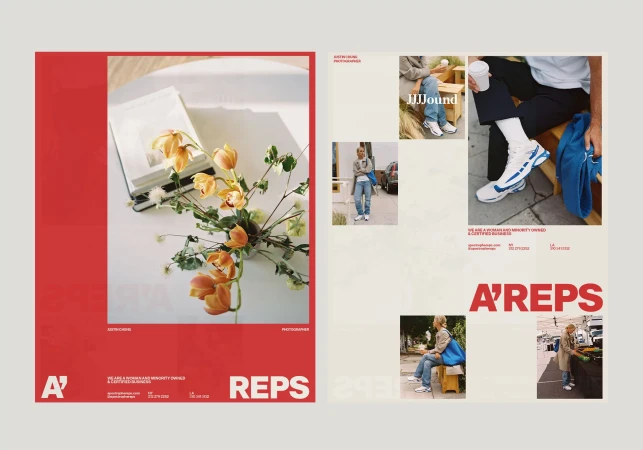 Two-page print advertisement for A'REPS featuring floral arrangement on a white table, and casual streetwear fashion editorial imagery.