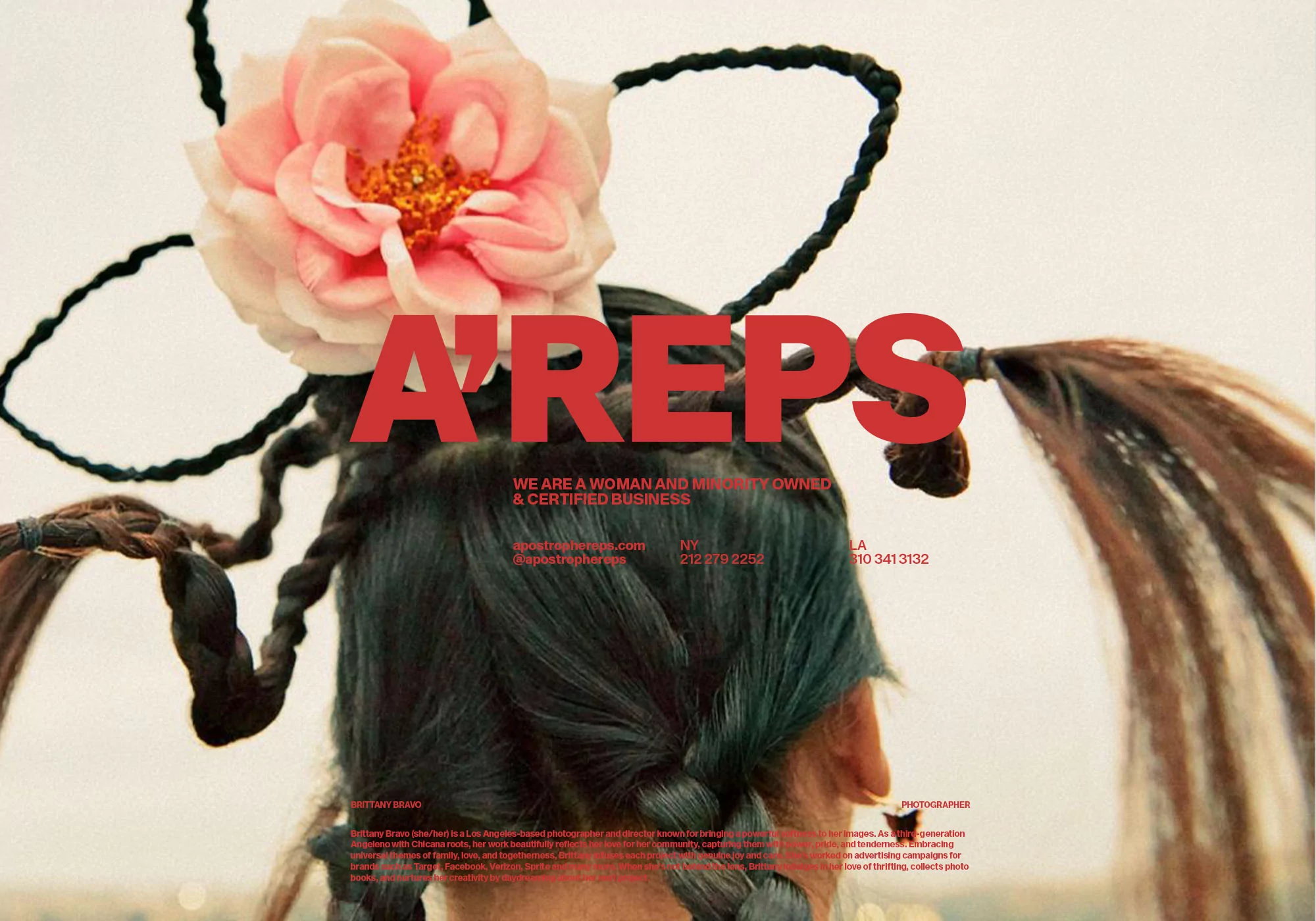 Editorial fashion shot of a woman with braided hair adorned with a pink flower, complemented by bold typography in red and earth tones.
