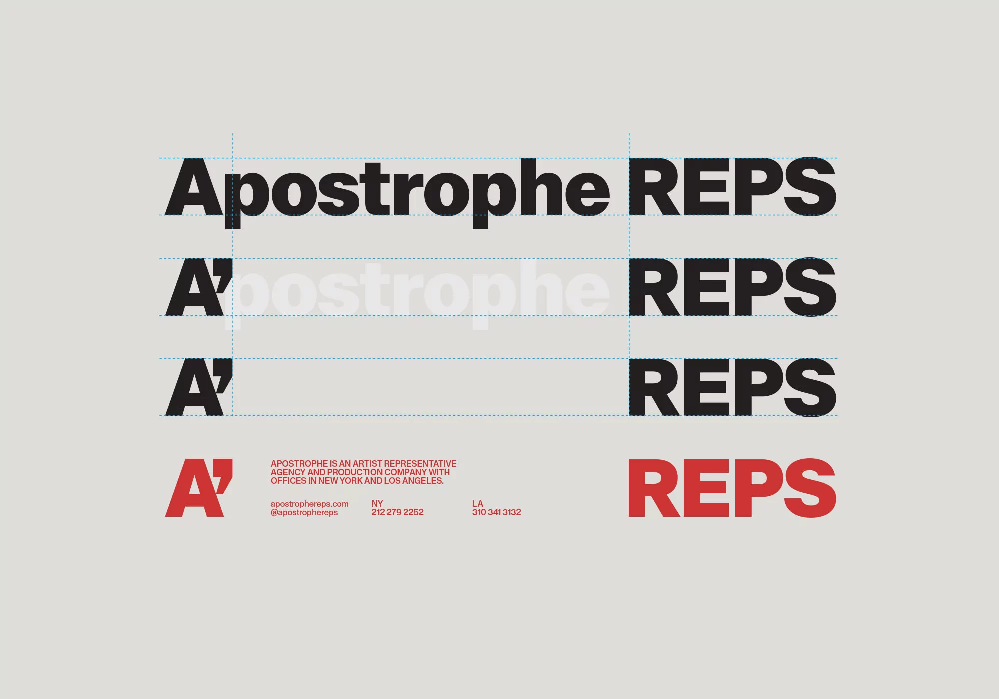 Typography-focused art displaying the word "Apostrophe" and "REPS" in black and red, accompanied by contact details on a light grey background.