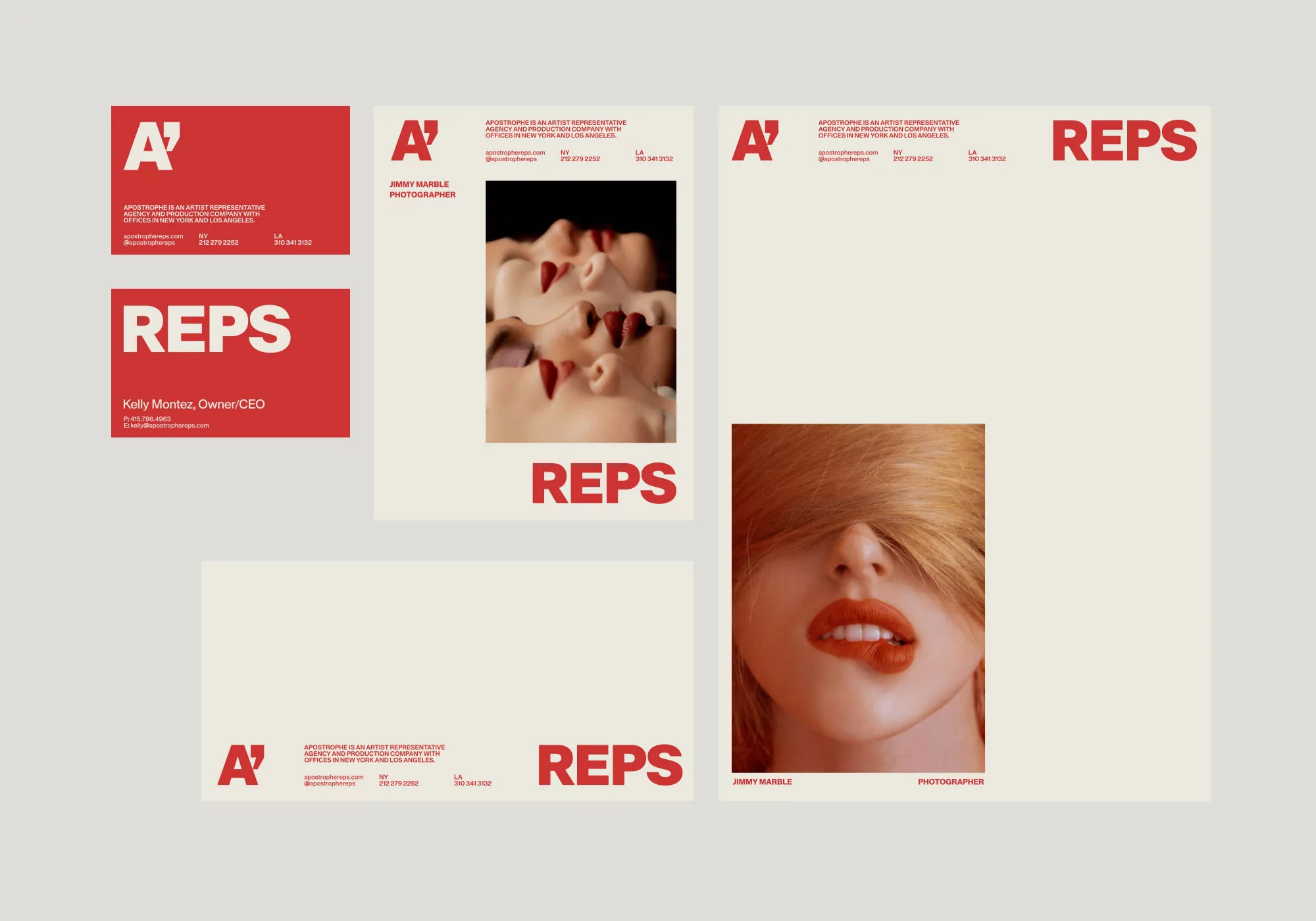 Various sizes of REPS promotional materials, including business cards, letterhead, and posters, all in a red and cream color scheme.