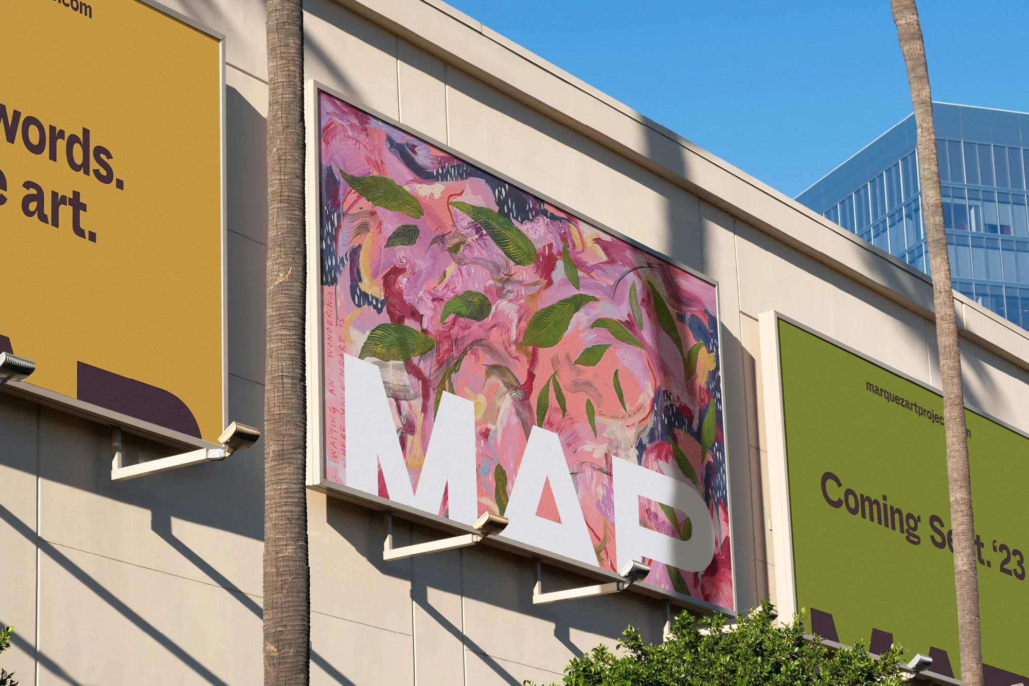 Billboard art featuring an abstract floral painting with pink, green, and blue hues, and a bold white "MAP" logo against a building facade.