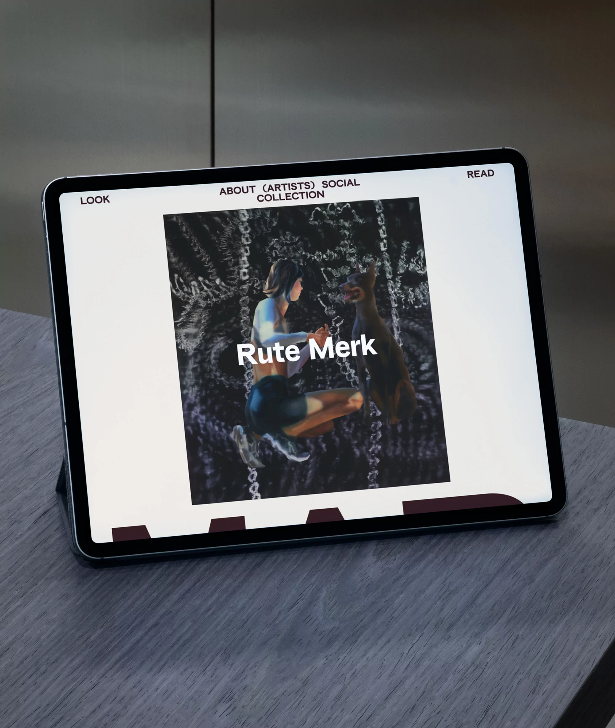Digital tablet displaying artwork featuring a woman and a dog on a wood-patterned table against a blurred, neutral-toned background.