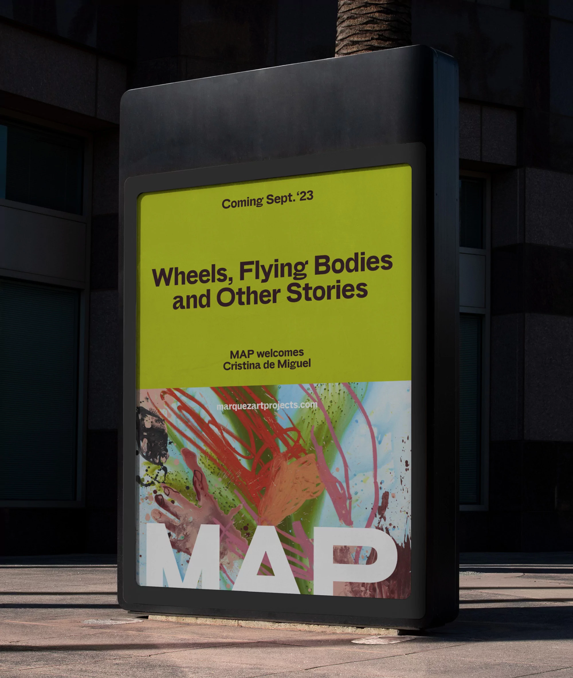Outdoor advertising billboard featuring 'Wheels, Flying Bodies and Other Stories' exhibition, with abstract art and text, urban setting.