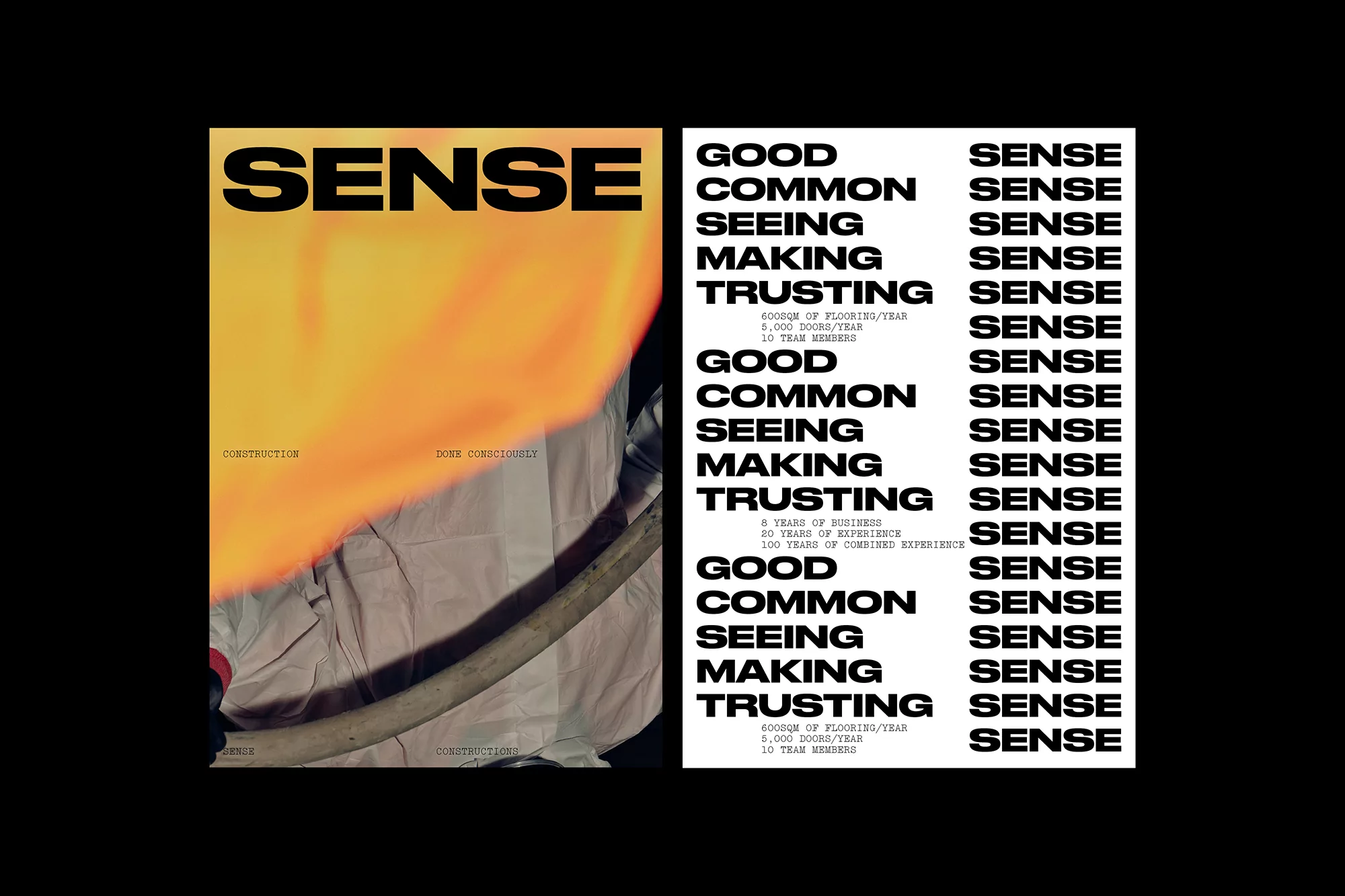 Abstract graphic art featuring the word 'Sense' repeated, text, orange gradient, and design elements on a split black and white background.