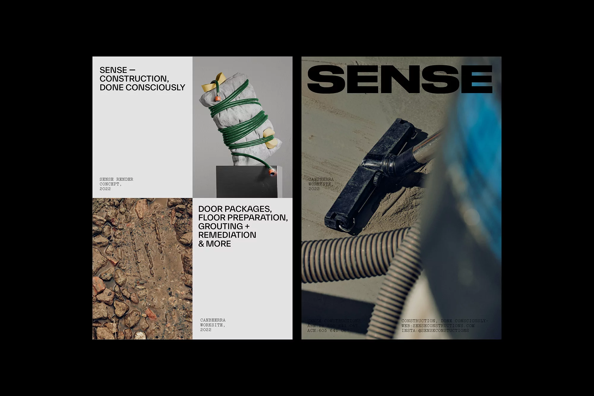 A diptych magazine cover features construction concepts, presenting a wrapped object and cleaning equipment with bold sans-serif typography.