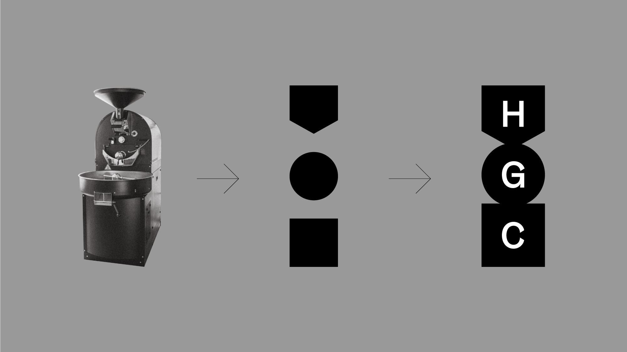 Diagram of a coffee roasting process with a vintage roaster, geometric shapes, and letter symbols against a neutral gray background.