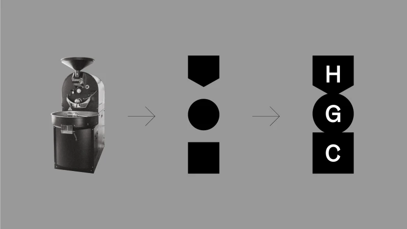 Diagram of a coffee roasting process with a vintage roaster, geometric shapes, and letter symbols against a neutral gray background.