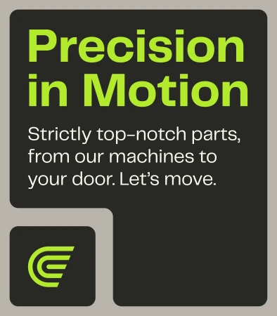 Text graphic features the words 'Precision in Motion' in green, with a marketing message and a green geometric logo against a gray backdrop.