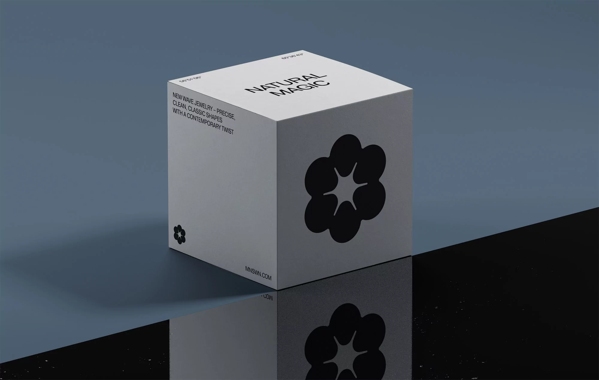 Product shot of a white cubic box with a black floral logo, featuring the brand name 'Natural Magic' and modern jewelry description.