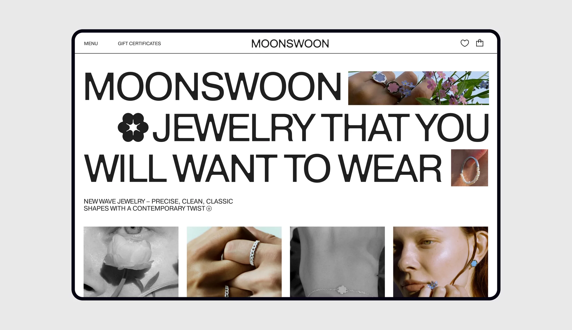Website display for MoonSwoon jewelry featuring rings, floral accents, and text promoting 'Jewelry that you will want to wear.'