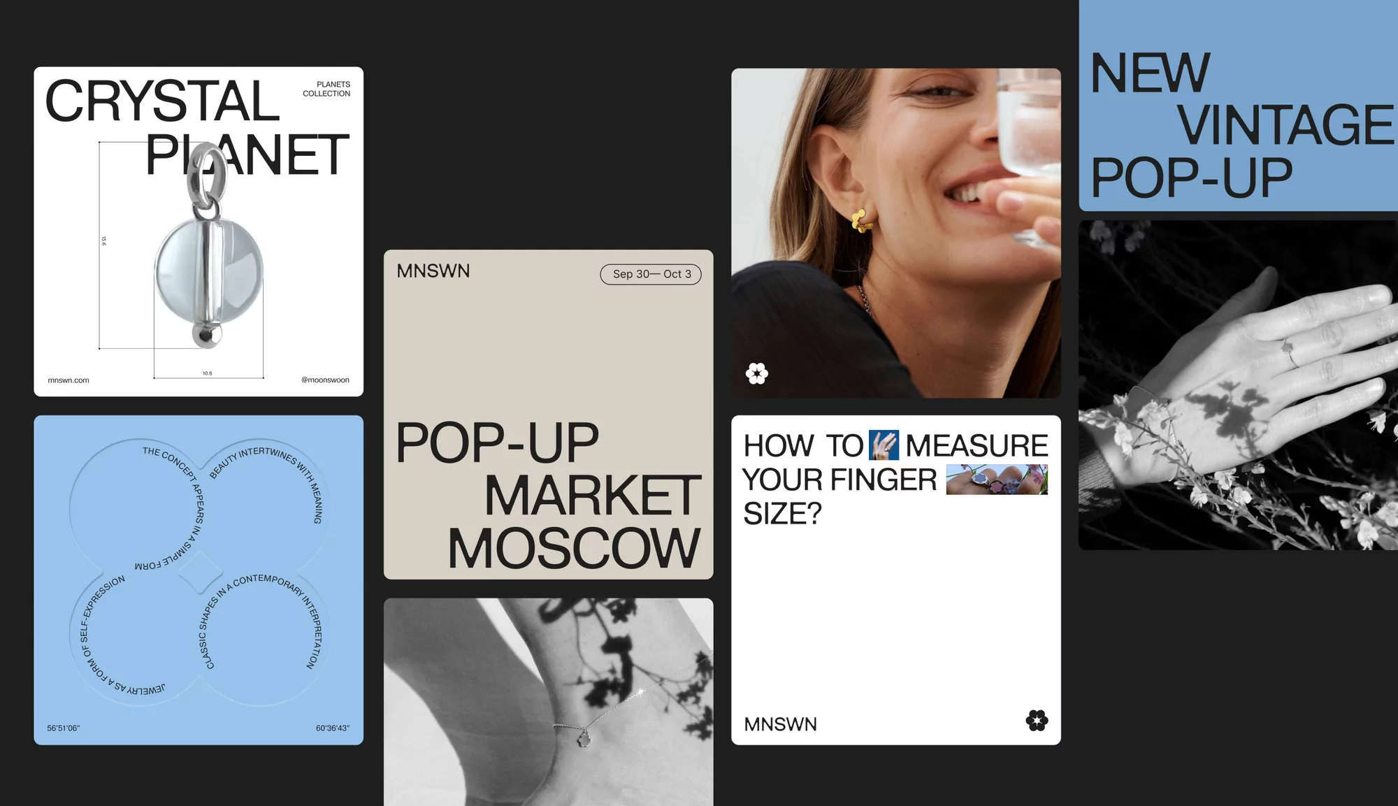Collage of Moonswoon brand identity graphics featuring jewellery products, typography, and smiling model portrait