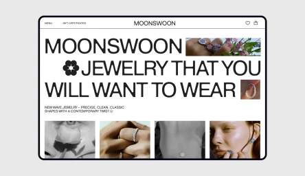 Moonswoon brand identity website homepage mockup showing bold typography, jewelry imagery, and a clean interface design.