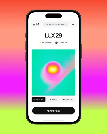 Smartphone displaying a digital art interface with abstract graphic, token art, music, and experience options on a vibrant gradient background.