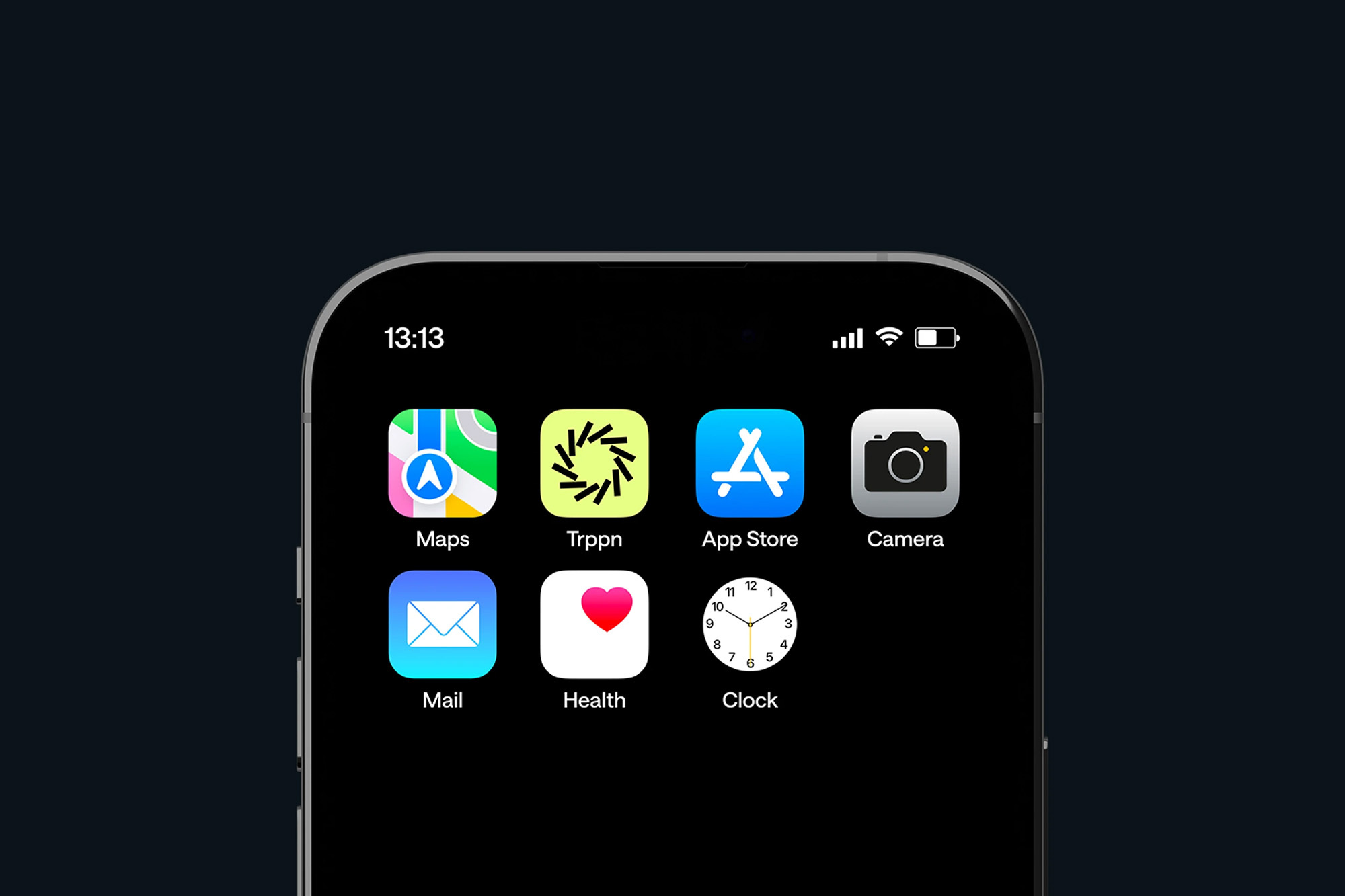 Smartphone screen displaying app icons: Maps, Trppn, App Store, Camera, Mail, Health, and Clock on a sleek black interface.