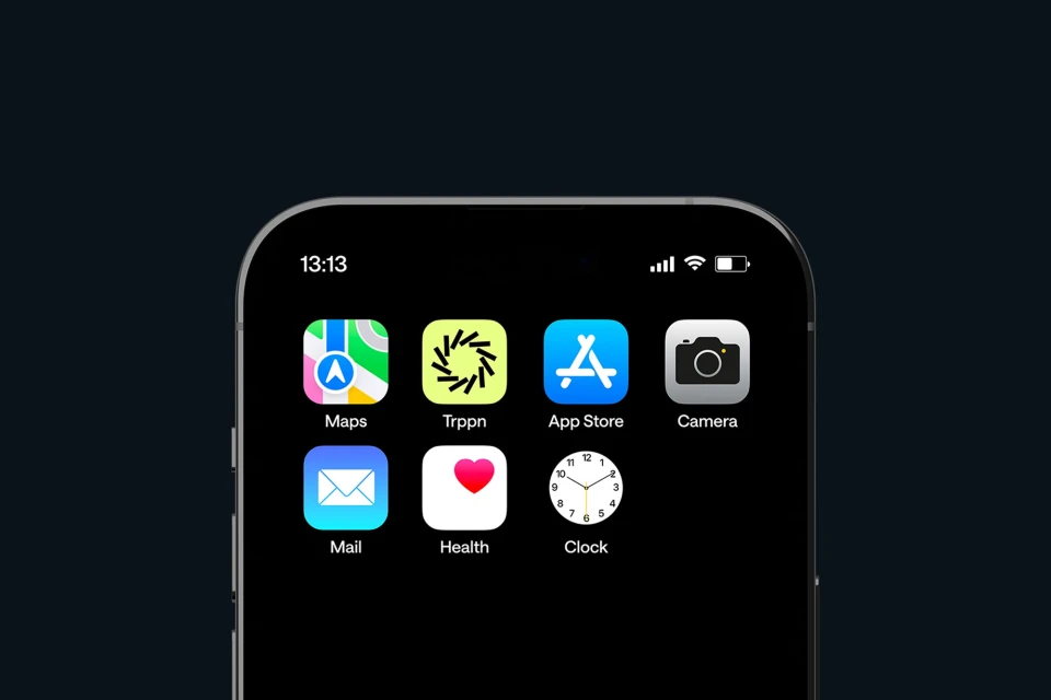 Smartphone screen displaying app icons: Maps, Trppn, App Store, Camera, Mail, Health, and Clock on a sleek black interface.