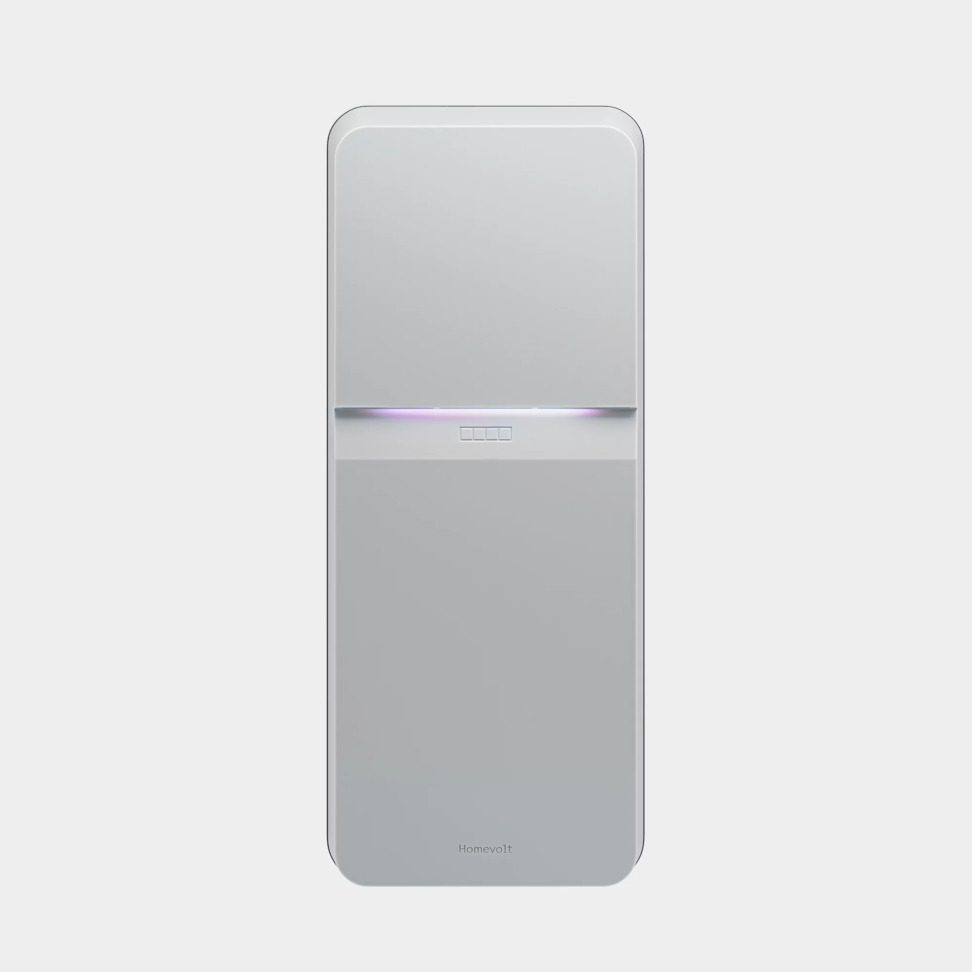 Minimalist air purifier stands against a plain background, showcasing its sleek, rectangular design with rounded edges and two-tone grey color.